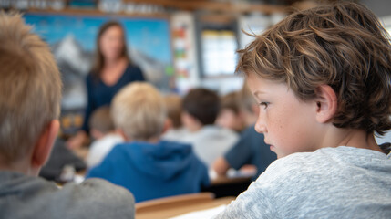 Elementary school classroom scene, kids seated at desks from back view, teacher instructing at front, natural light illuminating colorful learning space