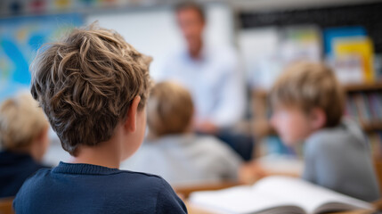 Young students sitting at desks from back view, teacher teaching lesson, classroom bright with educational posters and books, focus on attentive learning