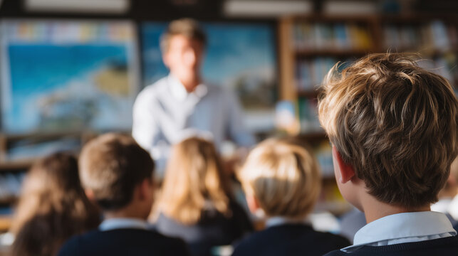 Group of schoolchildren from behind, focused on teacher giving lesson, classroom decorated with educational posters, sunlight highlighting desks and books - Powered by Adobe
