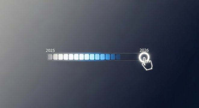 Futuristic loading bar with progress from 2025 to 2026, symbolizing advancement and anticipation on a gradient background