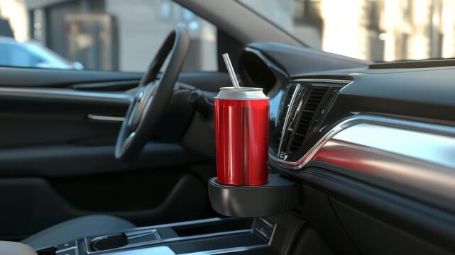 Refreshing drink rests in cup holder of car during a sunny day drive through the city streets
