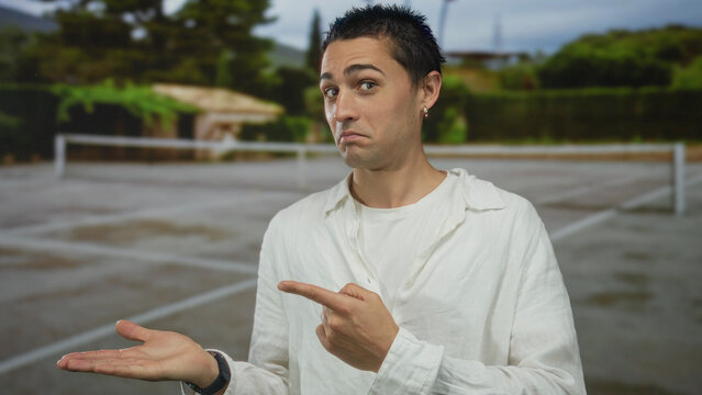 Young hispanic man with curious expression stands on outdoor tennis court, gesturing with hand, surrounded by greenery in casual attire, highlighting a serene setting. - Powered by Adobe