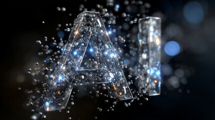 3D glass letters spelling "AI", glowing molecules floating around, futuristic light blue and silver color scheme, clean design with subtle reflections on black background