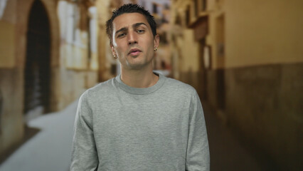 Young hispanic man shows middle finger gesture in narrow cobblestone old town street; anger...