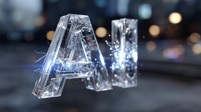 Close-up of 3D transparent AI letters, glowing molecules orbiting, silver and light blue highlights, futuristic clean interface with subtle reflections