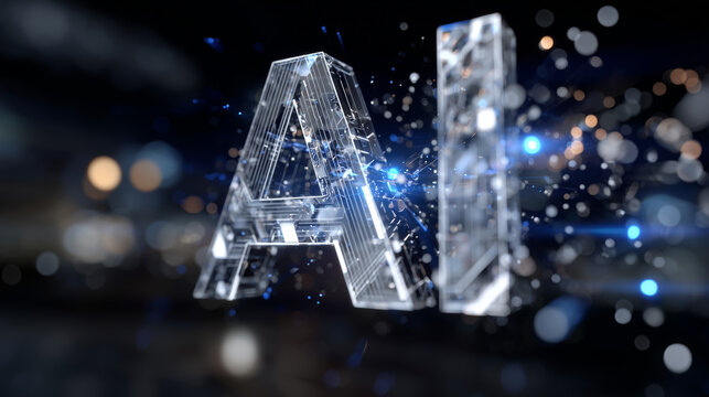 Close-up of 3D transparent AI letters, glowing molecules orbiting, silver and light blue highlights, futuristic clean interface with subtle reflections - Powered by Adobe