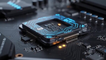 Close up of a computer processor on a circuit board with glowing lights. - Powered by Adobe