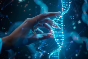 Hand touching glowing dna double helix structure