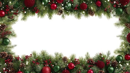 Festive christmas garland frame with red and green ornaments and twinkling lights on white background
