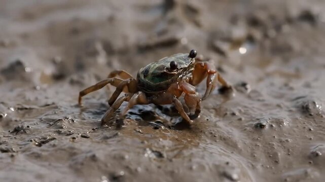 Close up of a small crab walking on wet muddy ground.