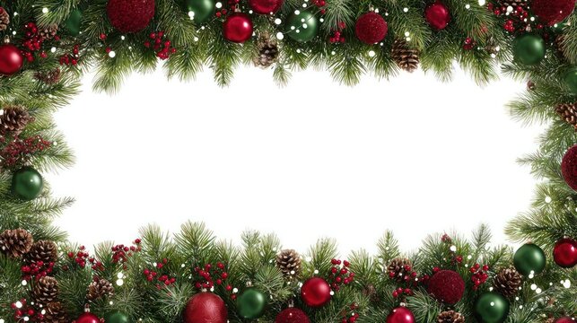 Festive christmas garland frame with red and green ornaments and twinkling lights on white background
