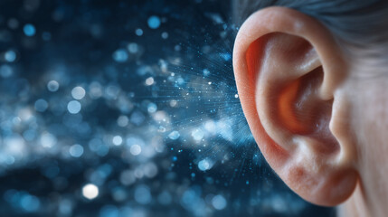 Close-up of human ear with subtle visual distortion effects, representing auditory difficulty and hearing impairment, abstract medical concept
