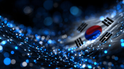 South Korean flag integrated with glowing tech elements, neon particles, holographic network grids, digital futuristic wallpaper style