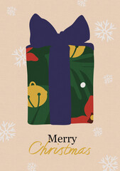 Colorful wrapped Christmas gift with festive decorations and a greeting in a winter theme