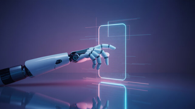 White robotic arm touching a glowing outline of a smartphone screen abstract futuristic technology concept for artificial intelligence mobile interface and virtual communication