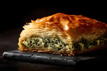 Golden, flaky Spanakopita slice ready to enjoy delicious flavors