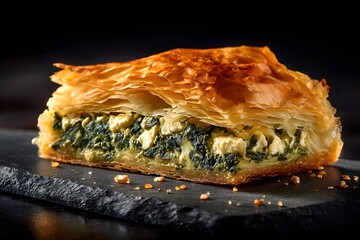 Golden, flaky spanakopita slice with spinach and feta on dark stone