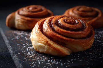 Fototapeta premium Warm cinnamon rolls with sweet glaze on a dark slate surface