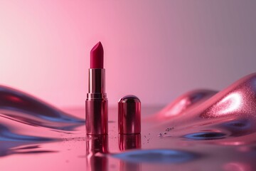 Electric Pink Glamour: Luxury Lipstick on Abstract Shiny Background