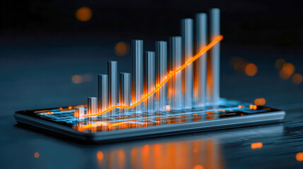 Futuristic 3d digital bar chart and glowing line graph projecting from a smartphone screen symbolizing data analytics and financial growth visualization in technology