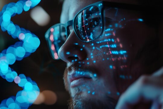 Man wearing eyeglasses with digital data overlay on face - Powered by Adobe