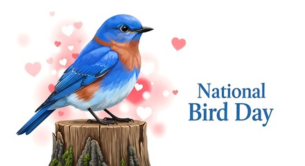 Vibrant bluebird celebrates national bird day with heart decorations