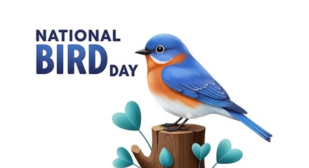Vibrant bluebird celebrates national bird day on a stump