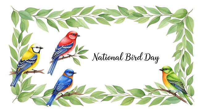 Beautiful watercolor birds and greenery for national bird day celebration - Powered by Adobe