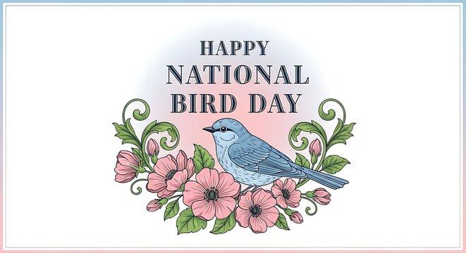 Happy national bird day with a blue jay and pink flowers