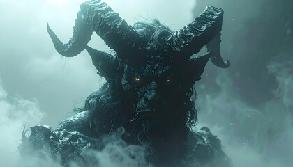 Fearsome horned demon emerging from mist, glowing eyes