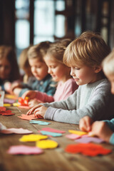 Fototapeta premium Children crafting paper animals with colorful materials for World Wildlife Day 