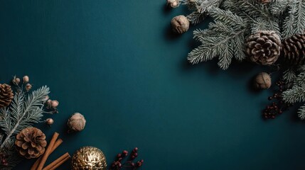 Festive dark teal background with natural christmas decorations including pine cones and fir branches