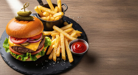 food, fries, meal, potato, fried, snack, beef, sauce, restaurant, salad, burguer