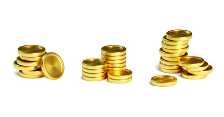 Stacks of Gold Coins on White Background stock