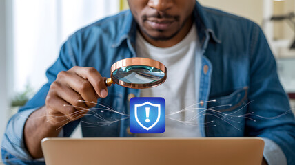 Focused man examines digital security shield icon through magnifying glass over laptop, symbolizing data protection and cybersecurity analysis.