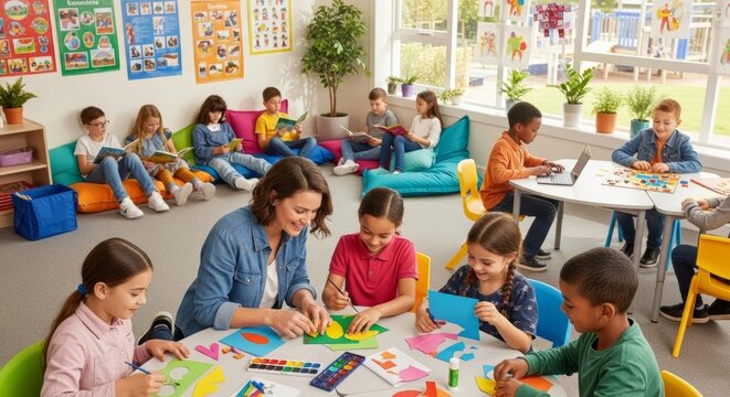 Diverse classroom with children engaged in art and reading activities under teacher guidance