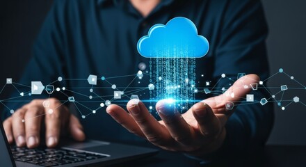Male hand holding digital cloud network data visualization