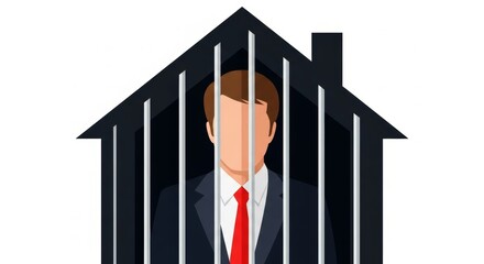 Caucasian male adult in business attire behind bars in house shape symbolizing home confinement
