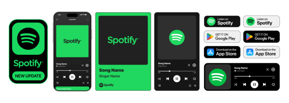 Spotify Music Player UI Mockup with Playlist, Album Art, Playback Bar, Podcast Library, Streaming Dashboard, and Modern Digital Audio Interface Vector Illustration