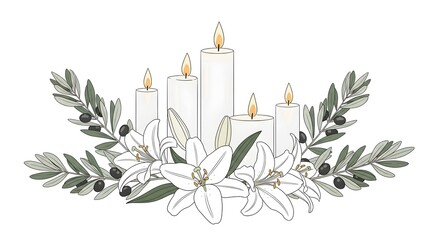 Elegant white lilies and glowing candles create a peaceful ambiance, ideal for sympathy cards or serene event invitations with olive branches