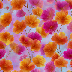 Seamless pattern of vibrant orange, yellow, and pink flowers set against a dreamy pastel background with delicate stems providing a cheerful springtime vibe