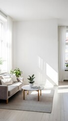 A cozy living room features light-colored walls and flooring, filled with natural sunlight. Green plants adorn the space, enhancing the fresh and inviting atmosphere