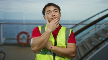 Fototapeta premium Man wearing reflective vest on cruise ship contemplating scenery with thoughtful expression against ocean backdrop suggesting tranquility and reflection.