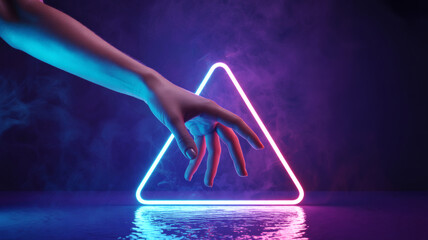 Human hand reaching towards glowing neon triangle futuristic cyberpunk aesthetic vibrant light trails smoke reflection digital art graphic design background