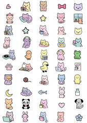 seamless pattern with funny kids, kawaii cat stickers sheet