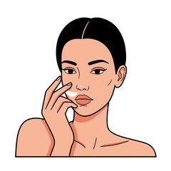 Stylized illustration of young woman with black hair applying cream with self-care and beauty