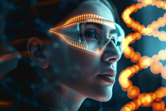 Woman scientist wearing ar goggles researching dna genetics - Powered by Adobe