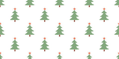 Cute seamless Christmas tree pattern with stars on white background. Festive minimal design perfect for wrapping paper, packaging, and winter projects