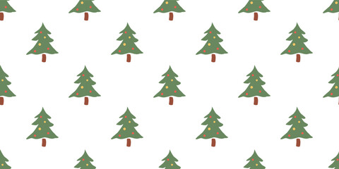 Obraz premium Seamless vector pattern featuring green Christmas trees with colorful red and yellow ornaments on a white background. Festive and modern holiday backdrop for various creative projects