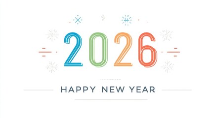 Vibrant multicolored numbers 2026 with festive confetti and happy new year text on a white background